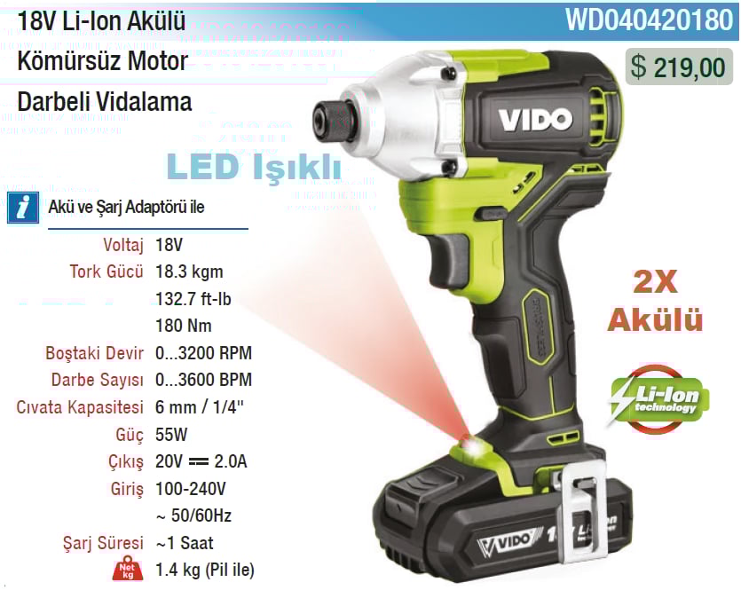 Vıdo 18V Li-Lon Akülü ''Kömürsüz Motor'' Darbeli Vidalama