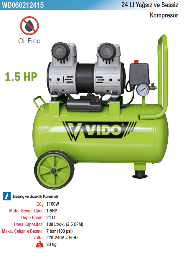 Vıdo 24Lt Yağsız Ve Sessiz Kompresör
