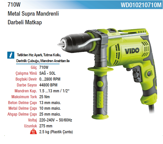Vıdo 710W Metal Supra Mandrenli Darbeli Matkap