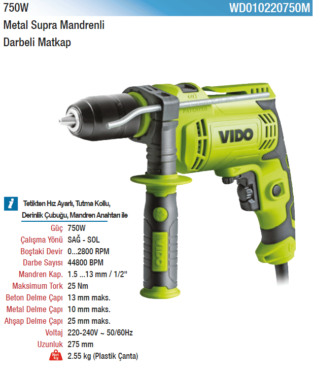 Vıdo 750W Metal Supra Mandrenli Darbeli Matkap