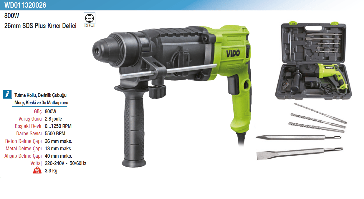 Vıdo 800W 26Mm Sds Plus Kırıcı Delici