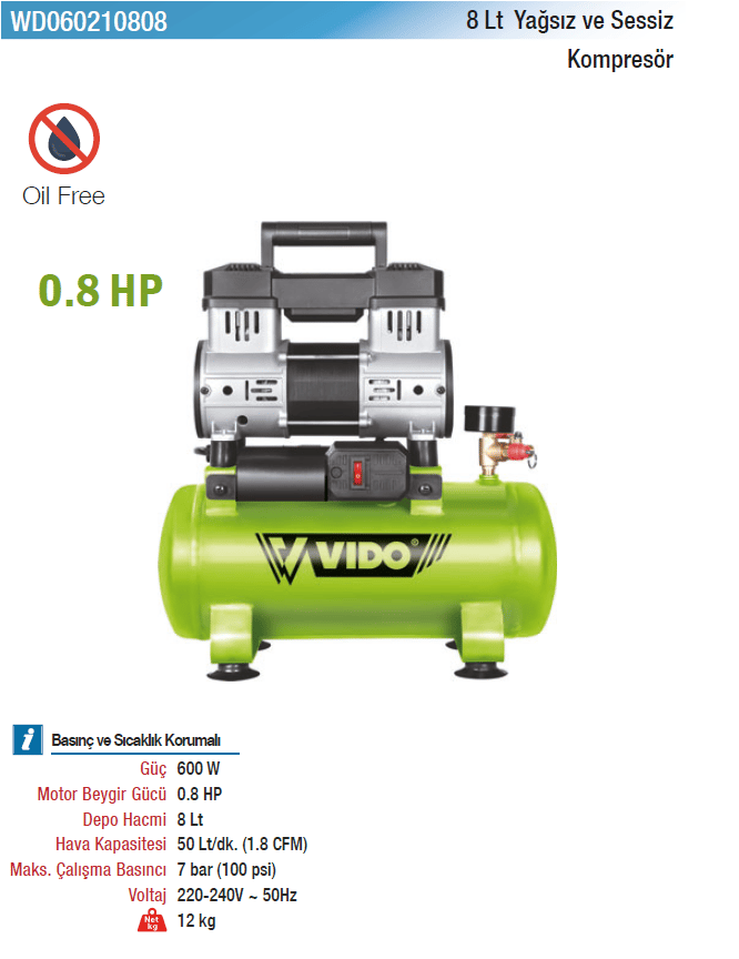Vıdo 8Lt Yağsız Ve Sessiz Kompresör