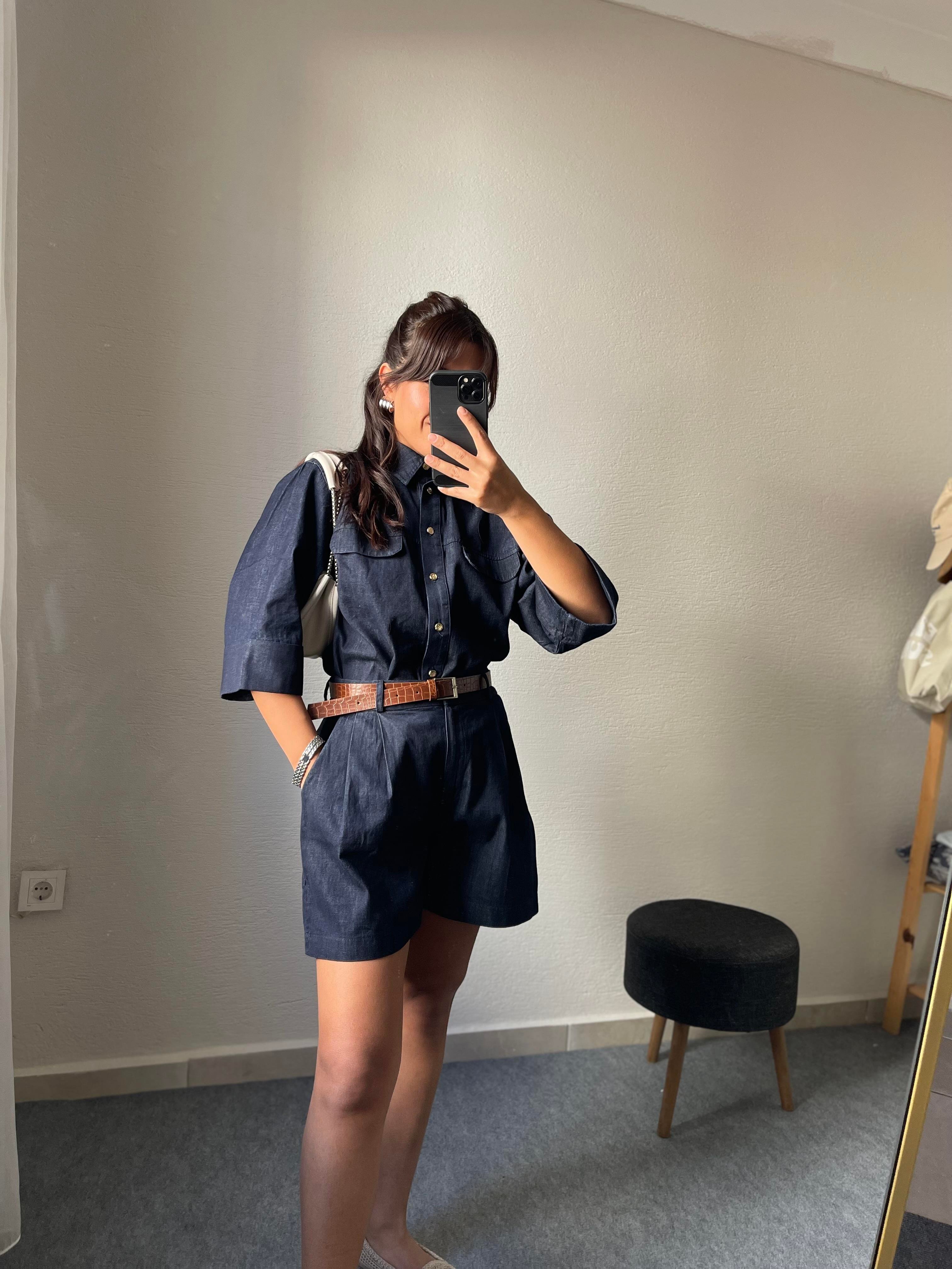 Denim Kemerli Şortlu Takım