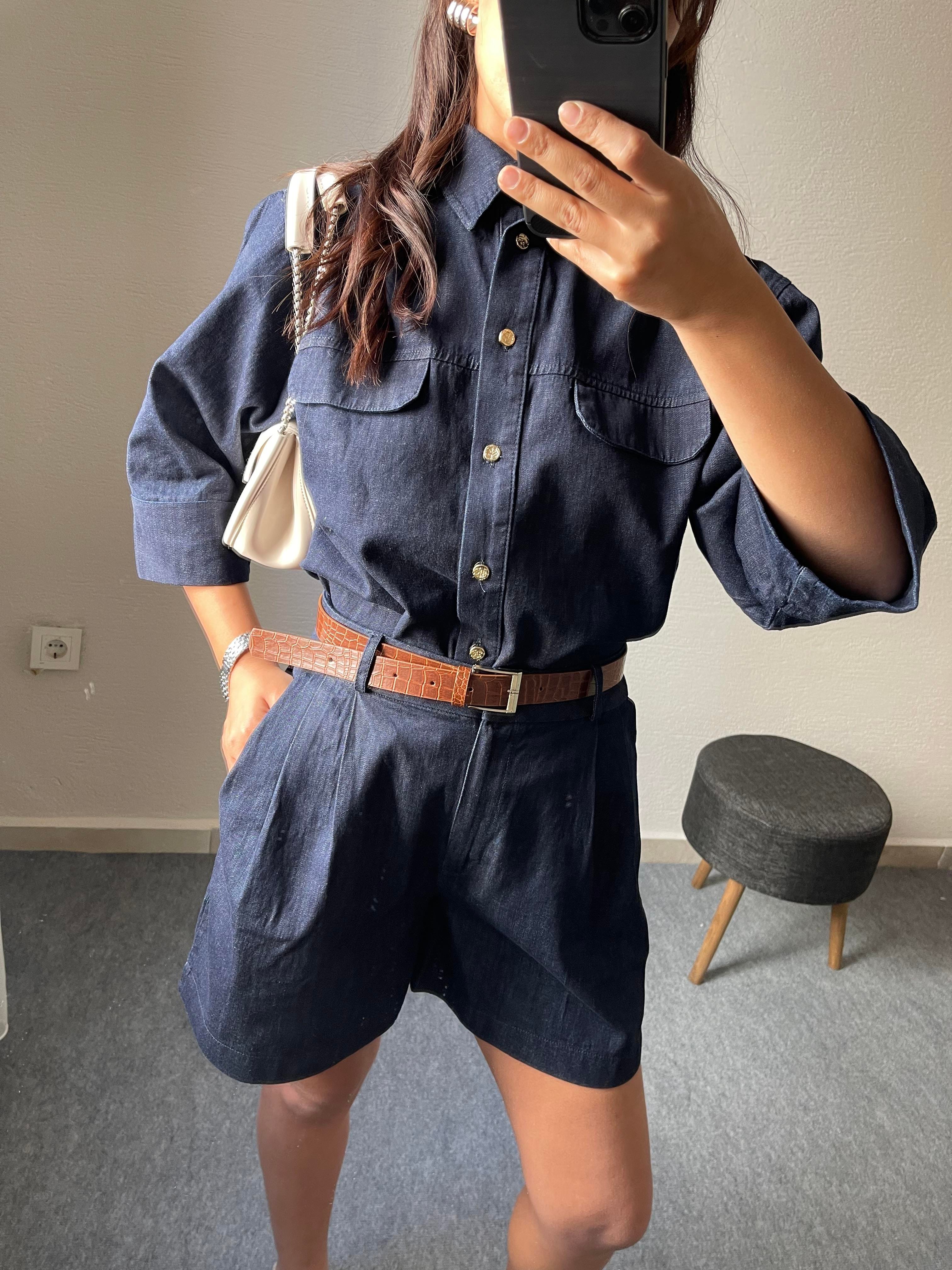 Denim Kemerli Şortlu Takım