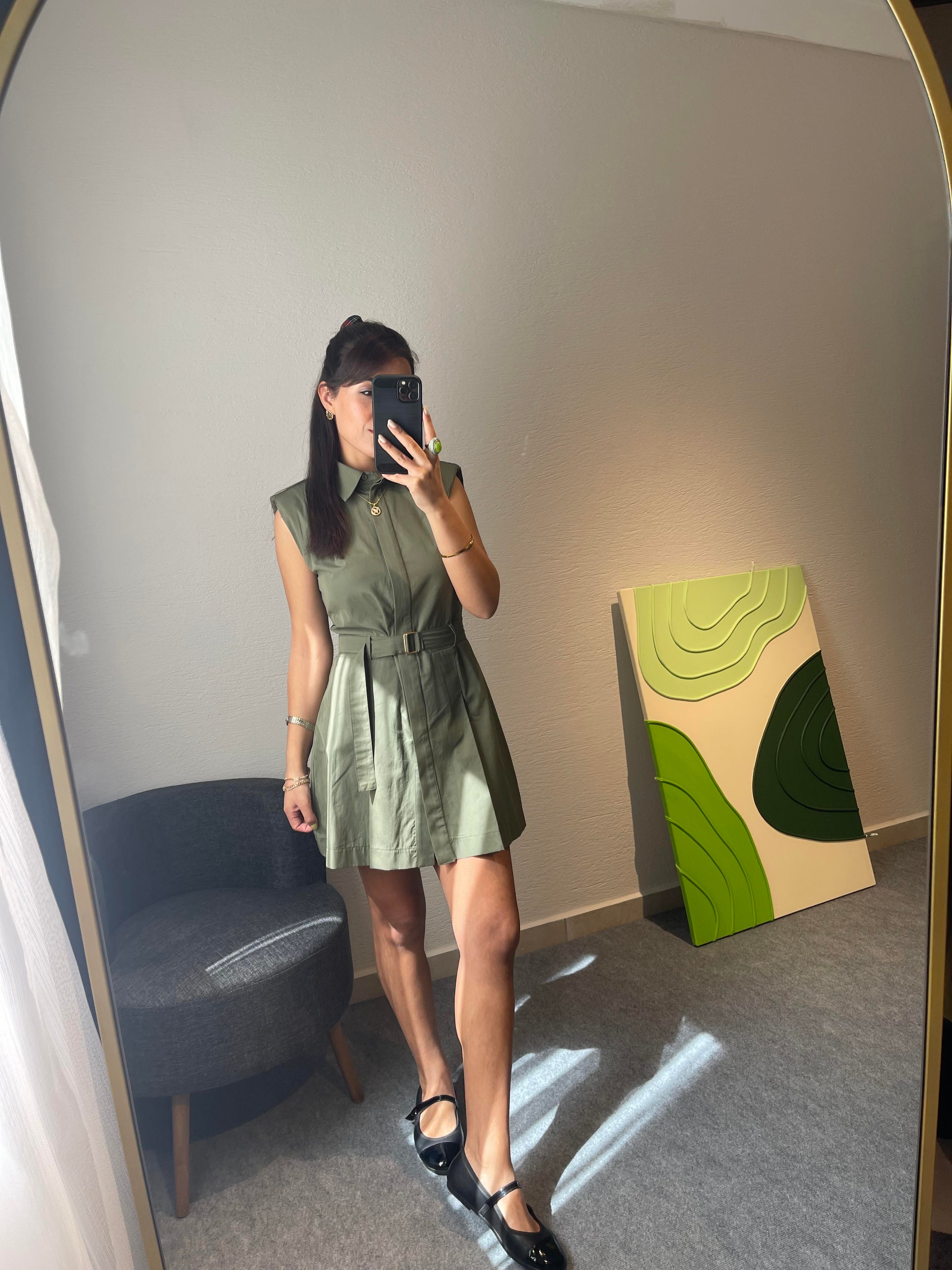 Haki Pileli Gömlek Elbise