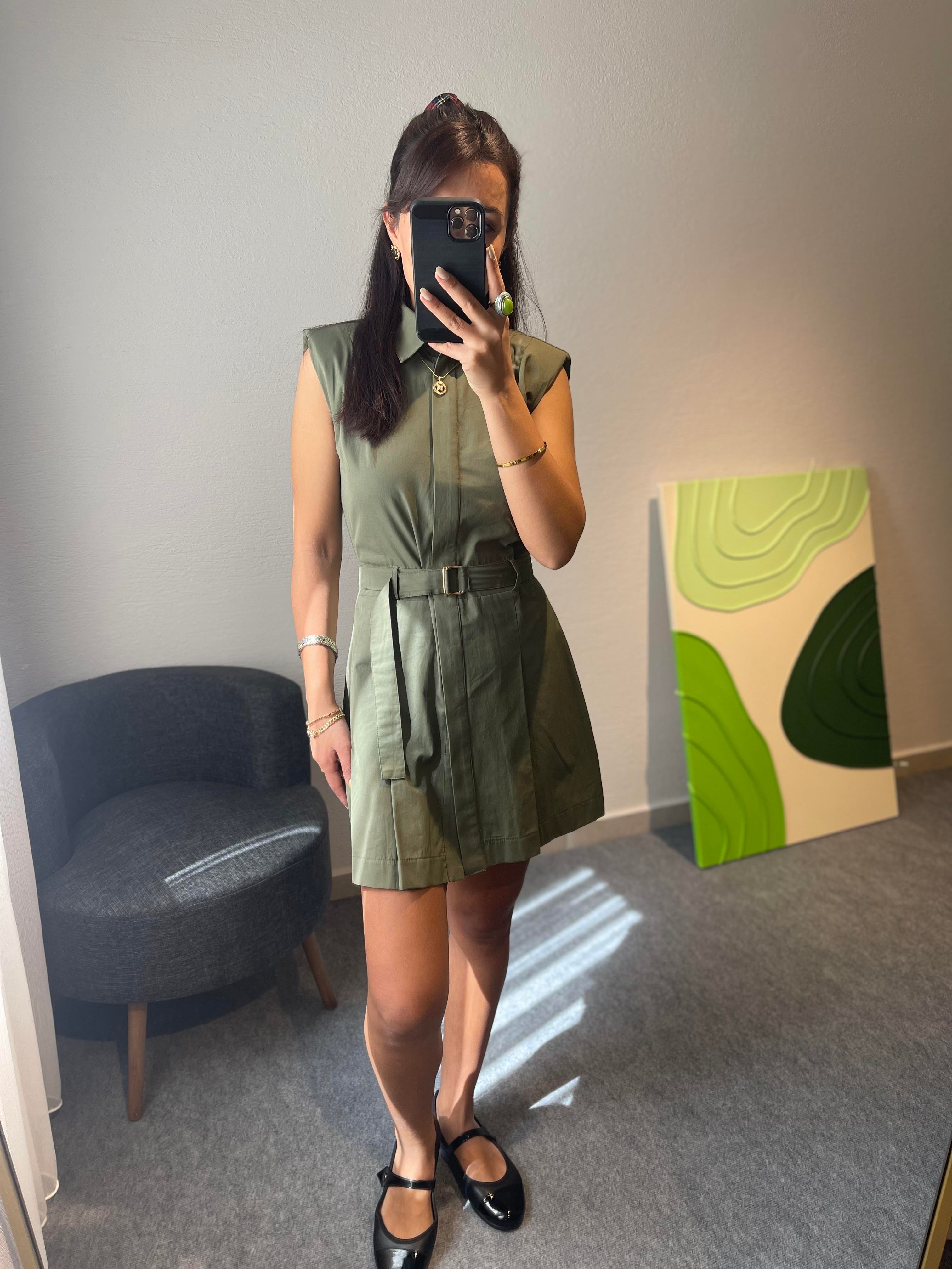 Haki Pileli Gömlek Elbise