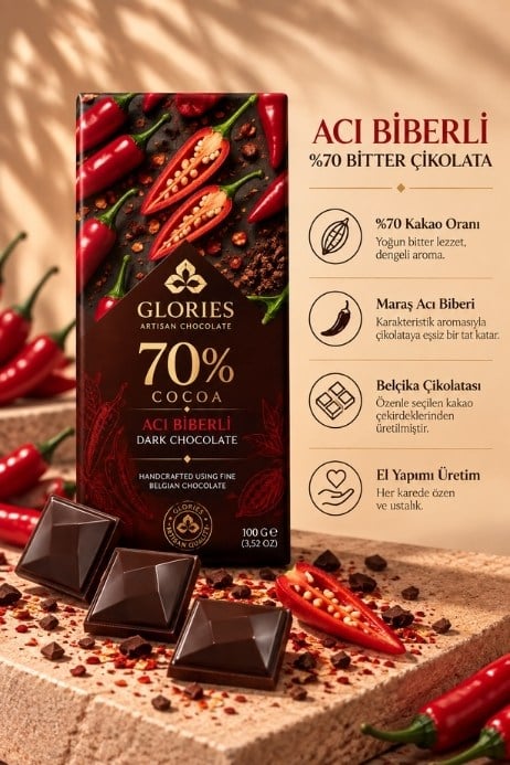 Acı Biberli %70 Bitter Çikolata 100 g