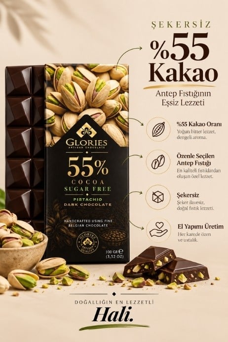 Antep Fıstıklı Şekersiz Bitter Çikolata 100 g