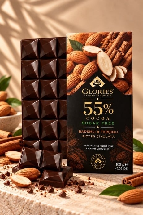 Bademli ve Tarçınlı Şekersiz Bitter Çikolata 100 g