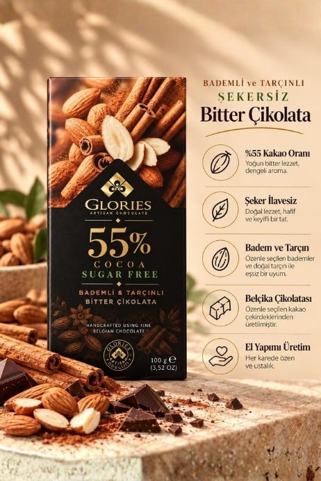 Bademli ve Tarçınlı Şekersiz Bitter Çikolata 100 g