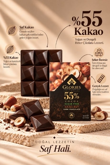 Fındıklı Şekersiz Bitter Çikolata 60 g
