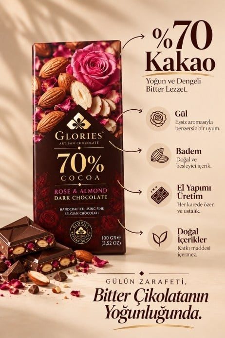 Güllü & Bademli Bitter Çikolata 100 g