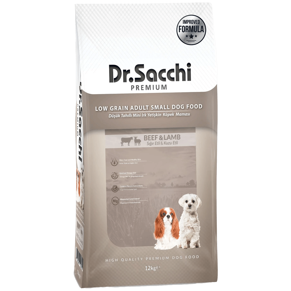 Dr.Sacchi Premium Düşük Tahıllı Sığır Etli ve Kuzu Etli Mini Irk Yetişkin Köpek Maması 12kg