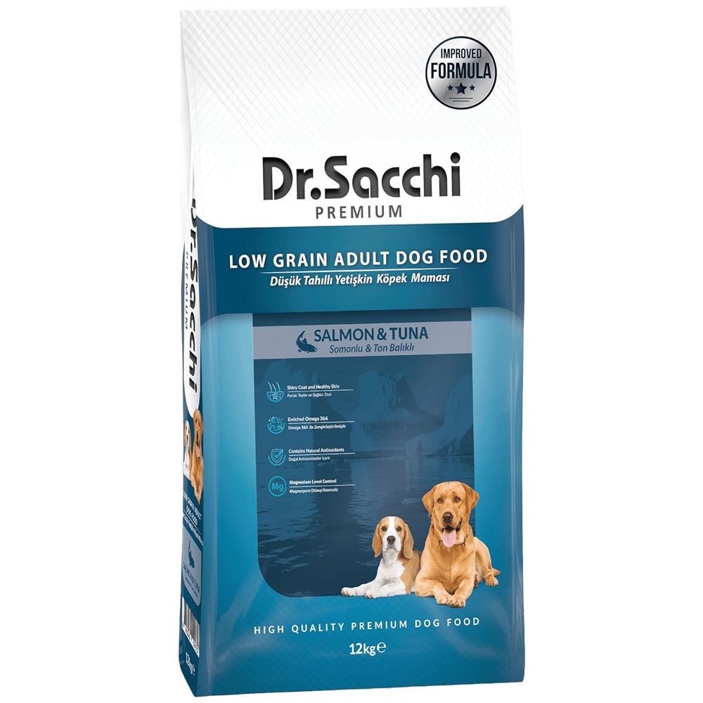 Dr.Sacchi Premium Somonlu ve Ton Balıklı Düşük Tahıllı Yetişkin Köpek Maması 12kg