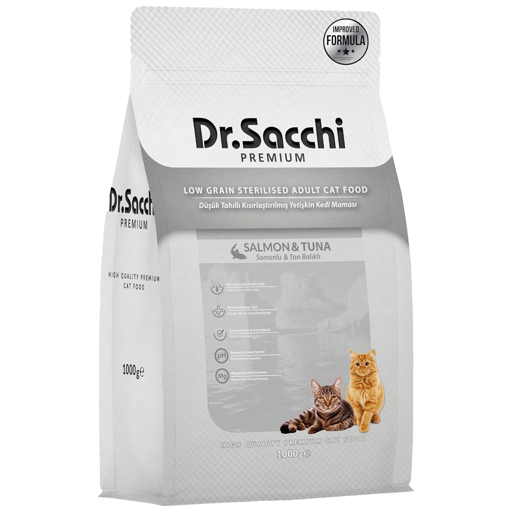 Dr.Sacchi Premium Somonlu ve Ton Balıklı Düşük Tahıllı Kısırlaştırılmış Kedi Maması 1kg