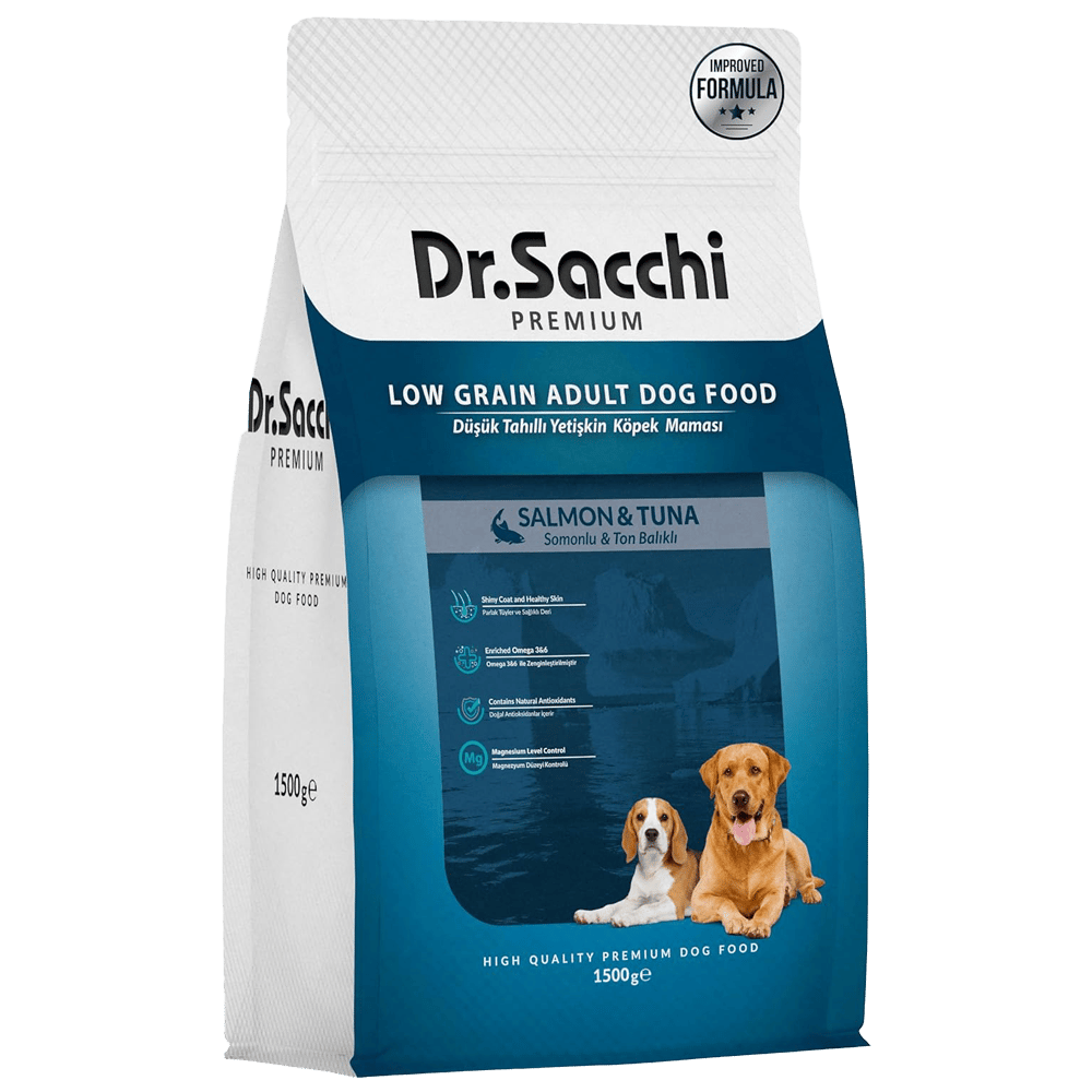 Dr.Sacchi Premium Somonlu ve Ton Balıklı Düşük Tahıllı Yetişkin Köpek Maması 1,5kg