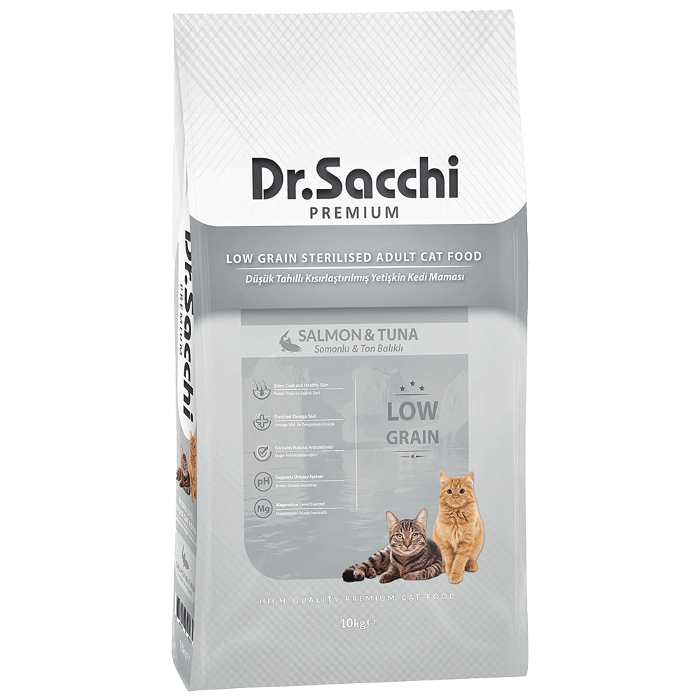 Dr.Sacchi Premium Somonlu ve Ton Balıklı Düşük Tahıllı Kısırlaştırılmış Kedi Maması 10kg