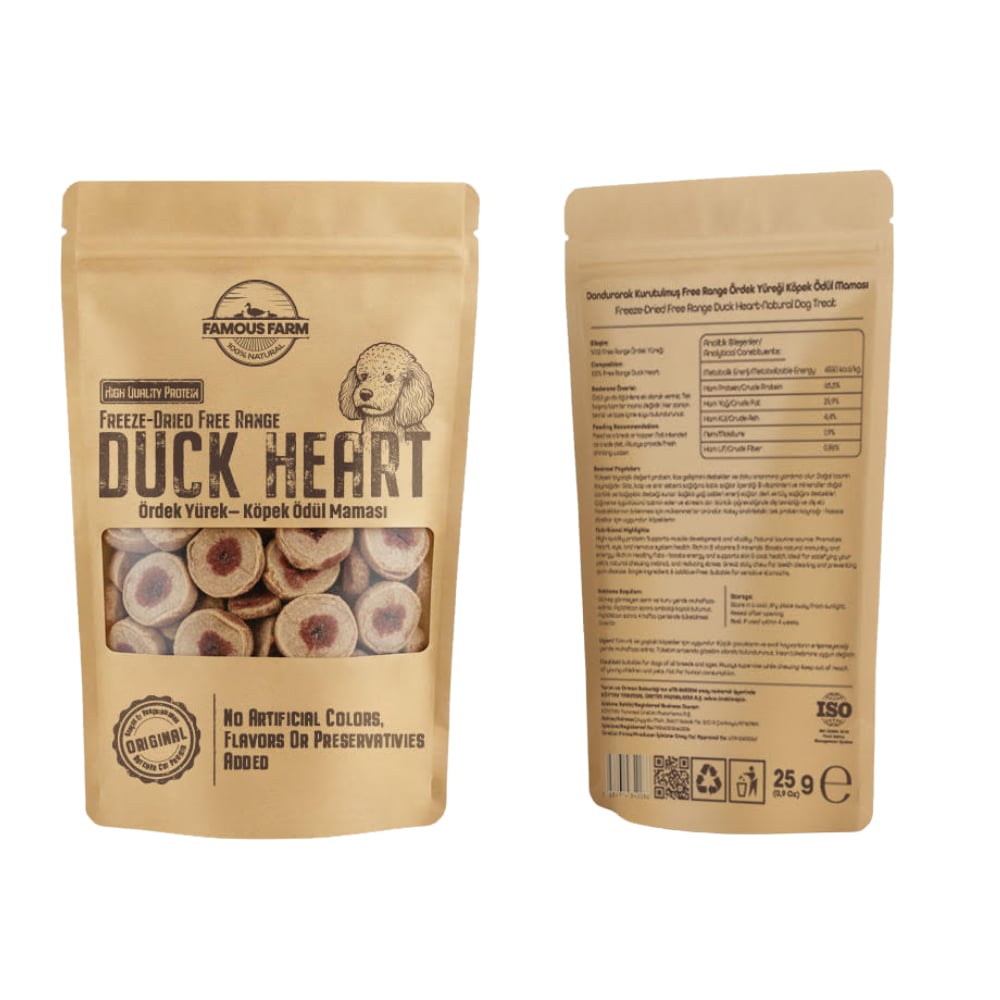 Famous Farm Dondurulmuş Kurutulmuş Ördek Yürek Köpek Ödül Maması 25 Gr