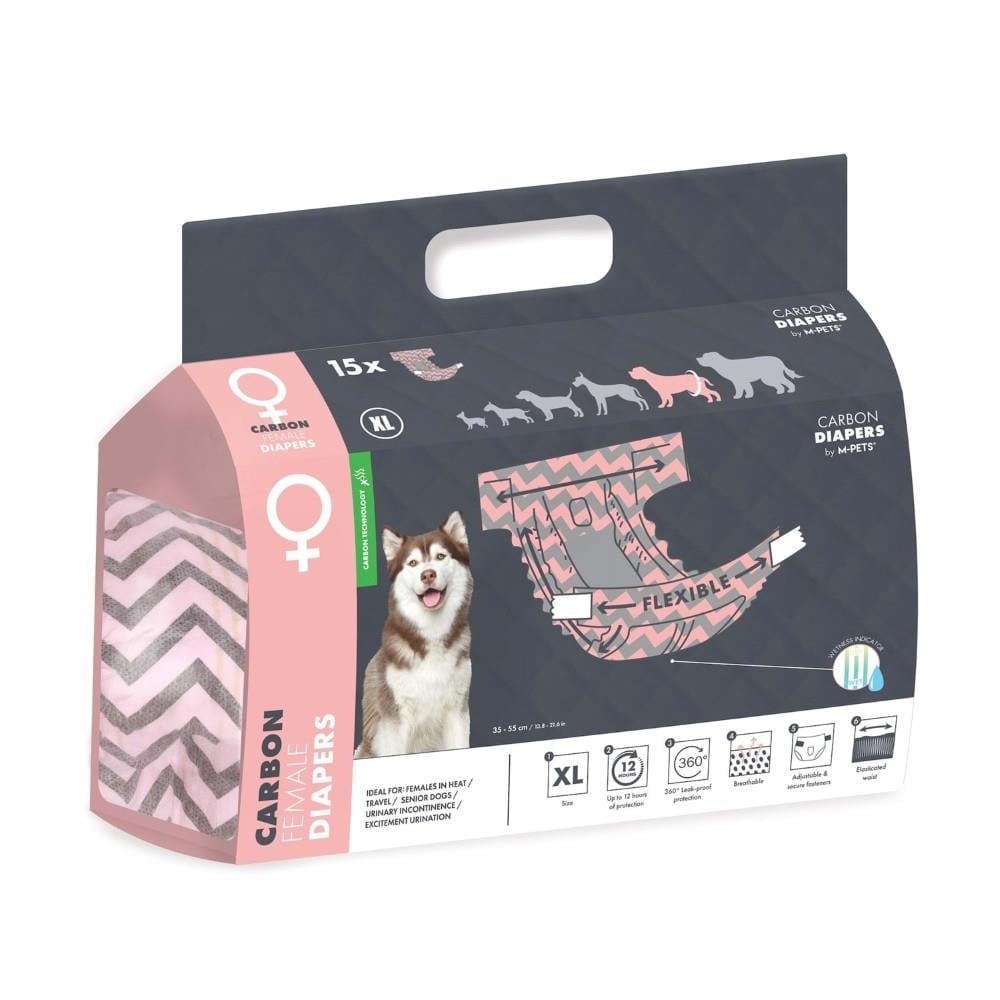 M-Pets Karbonlu Diapers Dişi Köpekler İçin Külot Bez 40-60 cm XL 15'li