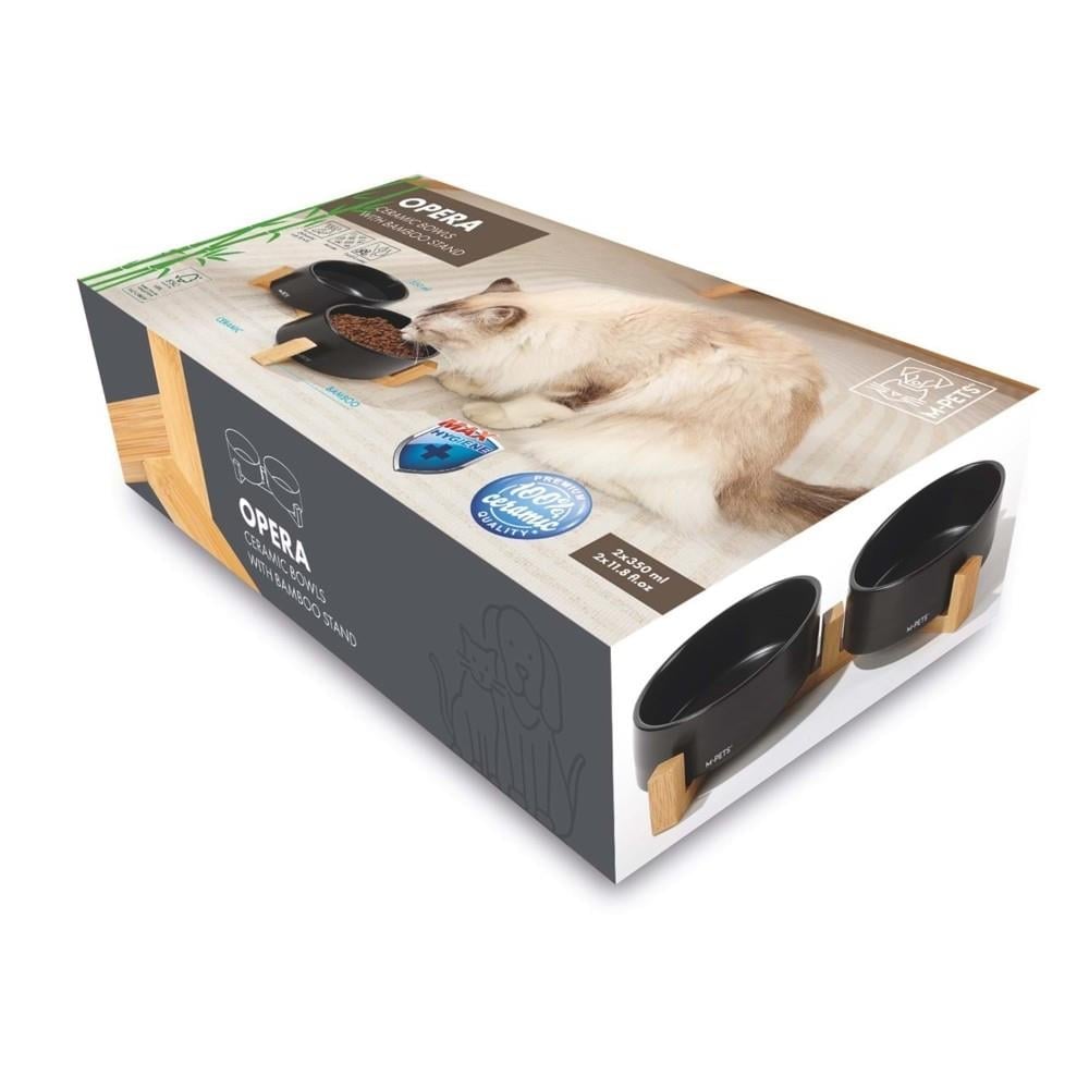 M-Pets Opera Bambu Standlı Seramik Kedi Mama ve Su Kabı 2x350 ml Siyah