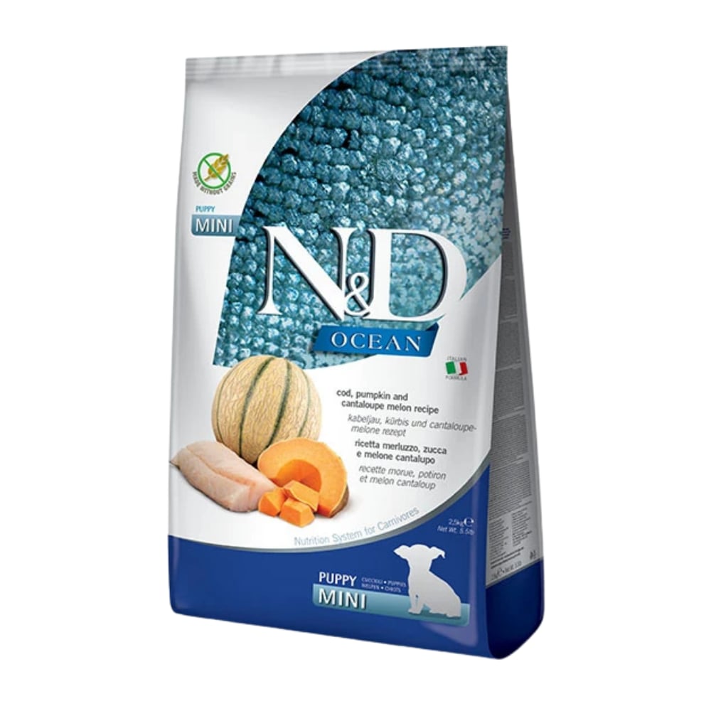 N&D Ocean Morina Balığı Bal Kabağı ve Kavunlu Tahılsız Küçük Irk Yavru Köpek Maması 2.5Kg
