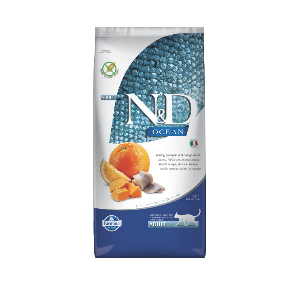 N&D Ocean Ringa Balıklı Bal Kabaklı ve Portakallı Tahılsız Yetişkin Kedi Maması 5 kg