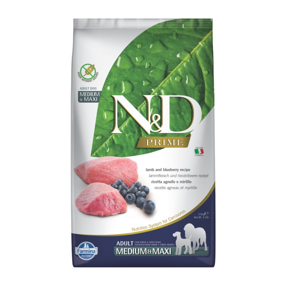 N&D Prime Kuzu Etli ve Yaban Mersinli Orta ve Büyük Irk Tahılsız Yetişkin Köpek Maması 2.5kg