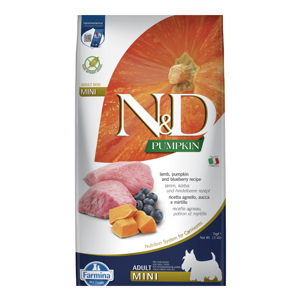 N&D Pumpkin Bal Kabaklı Kuzulu ve Yaban Mersinli Küçük Irk Tahılsız Yetişkin Köpek Maması 7kg