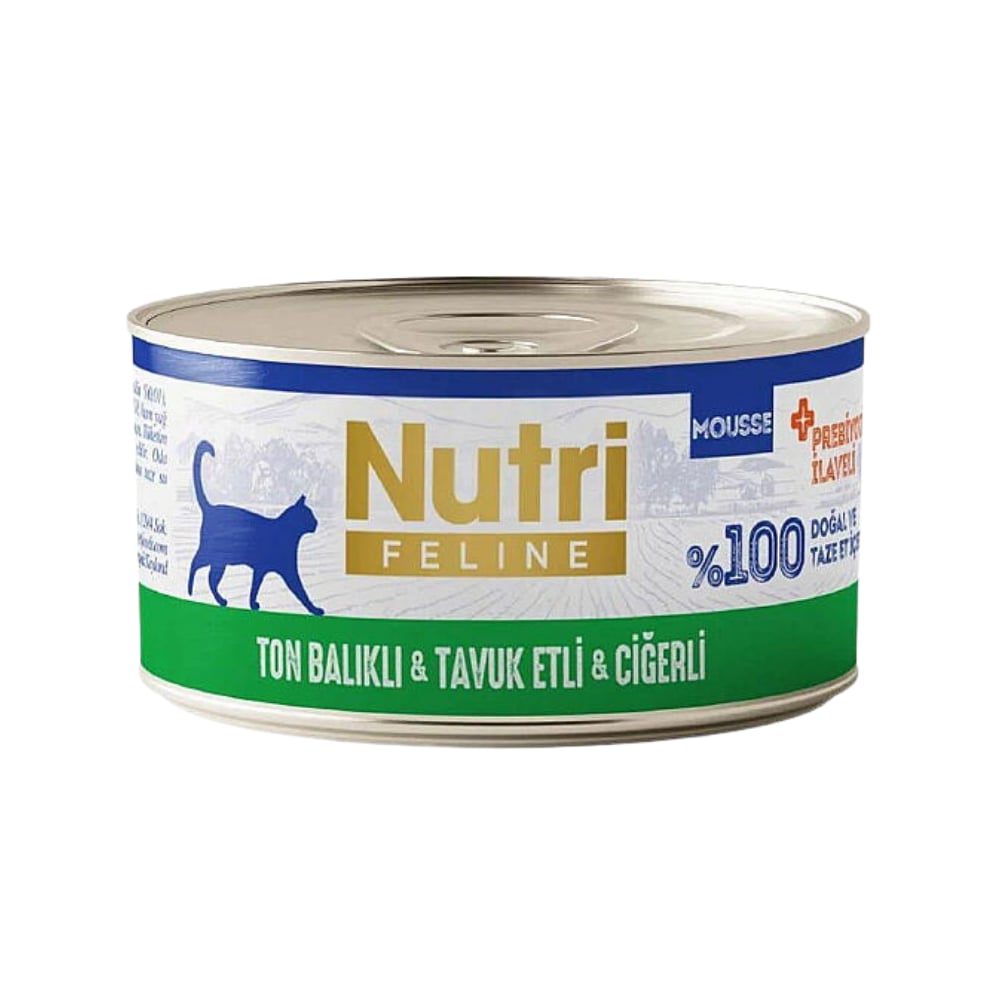 Nutri Feline Mousse Ton Balıklı Tavuk Etli ve Ciğerli Prebiyotikli Yetişkin Kedi Konservesi 70gr