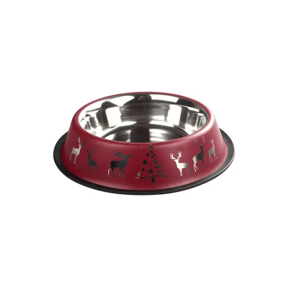 Oripet Yılbaşı Desenli Bordo Çelik Köpek Mama Kabı 24 Oz 17cm