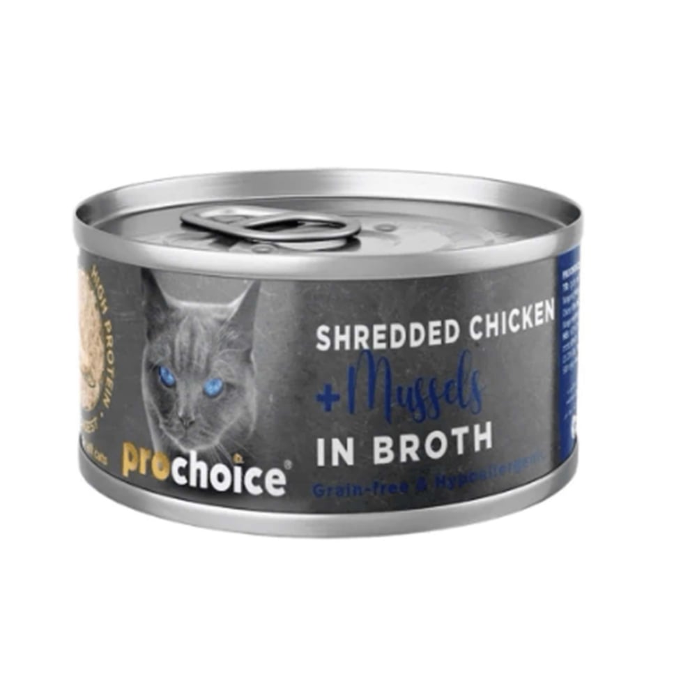 Prochoice Tahılsız Hipoalerjenik Sos İçinde Tiftiklenmiş Tavuk Etli ve Midyeli Yetişkin Kedi Konservesi 70gr