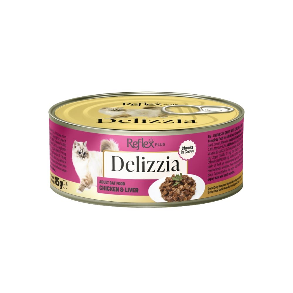 Reflex Plus Delizzia Sos İçinde Tavuklu ve Ciğerli Parça Etli Yetişkin Kedi Konservesi 85 gr