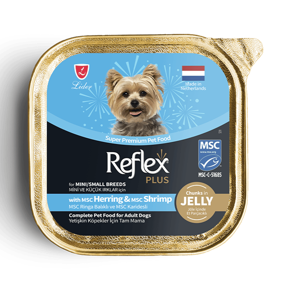 Reflex Plus Jöle İçinde Ringa Balığı ve Karidesli Küçük Irk Köpek Konservesi 85gr