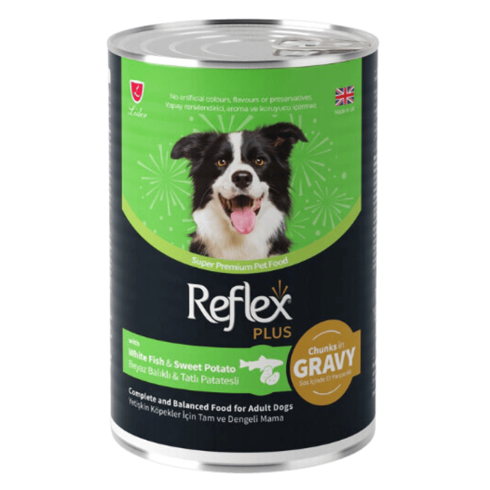 Reflex Plus Sos İçinde Parça Etli Beyaz Balıklı ve Tatlı Patatesli Yetişkin Köpek Konservesi 400gr