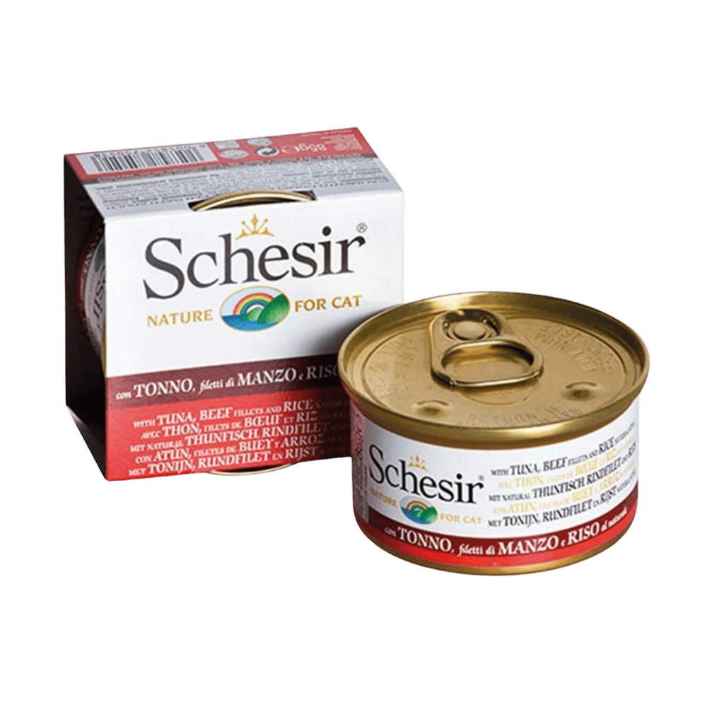 Schesir Ton Balıklı Sığır Filetolu ve Pirinçli Pişirme Suyunda Yetişkin Kedi Konservesi 85gr