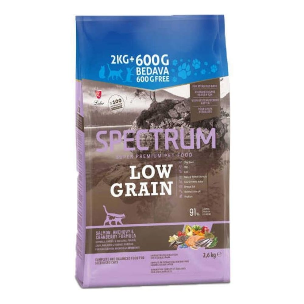 Spectrum Low Grain Düşük Tahıllı Somonlu Hamsili ve Kızılcıklı Kısırlaştırılmış Yetişkin Kedi Maması 2 kg + 600 gr