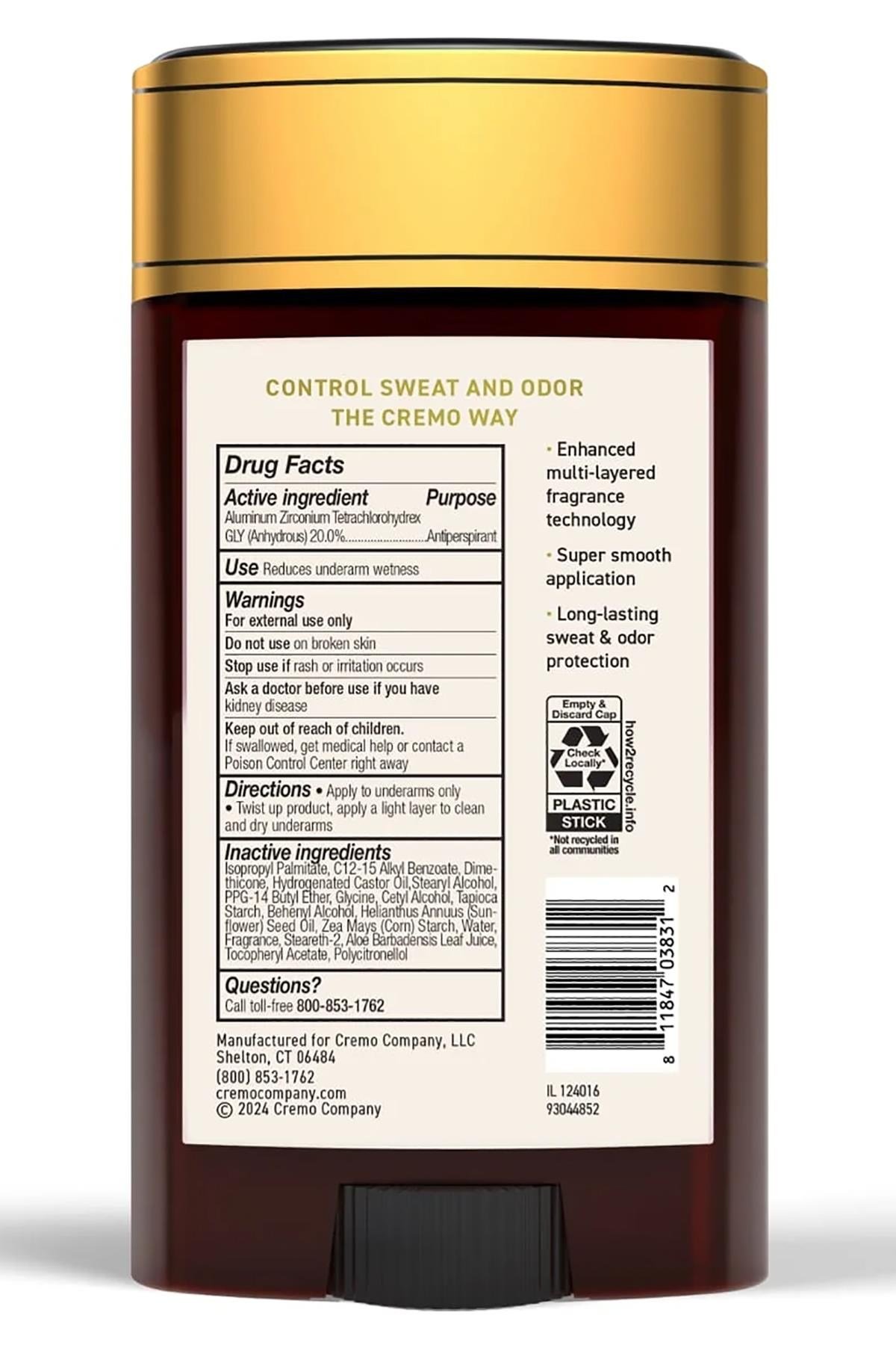 Cremo Italian Bergamot Antiperspirant Stick Deodorant 75GR