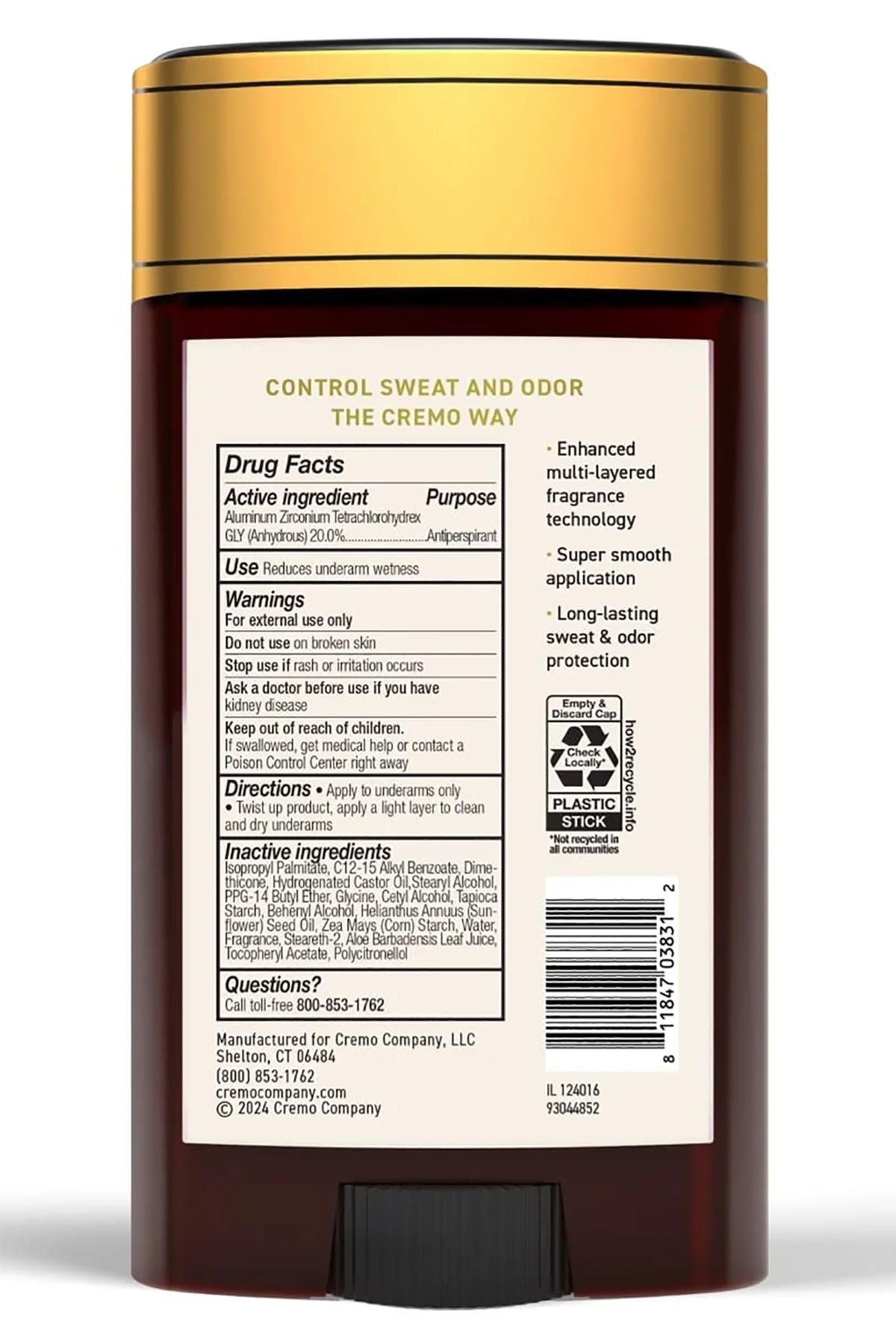 Cremo Italian Bergamot Antiperspirant Stick Deodorant 75GR