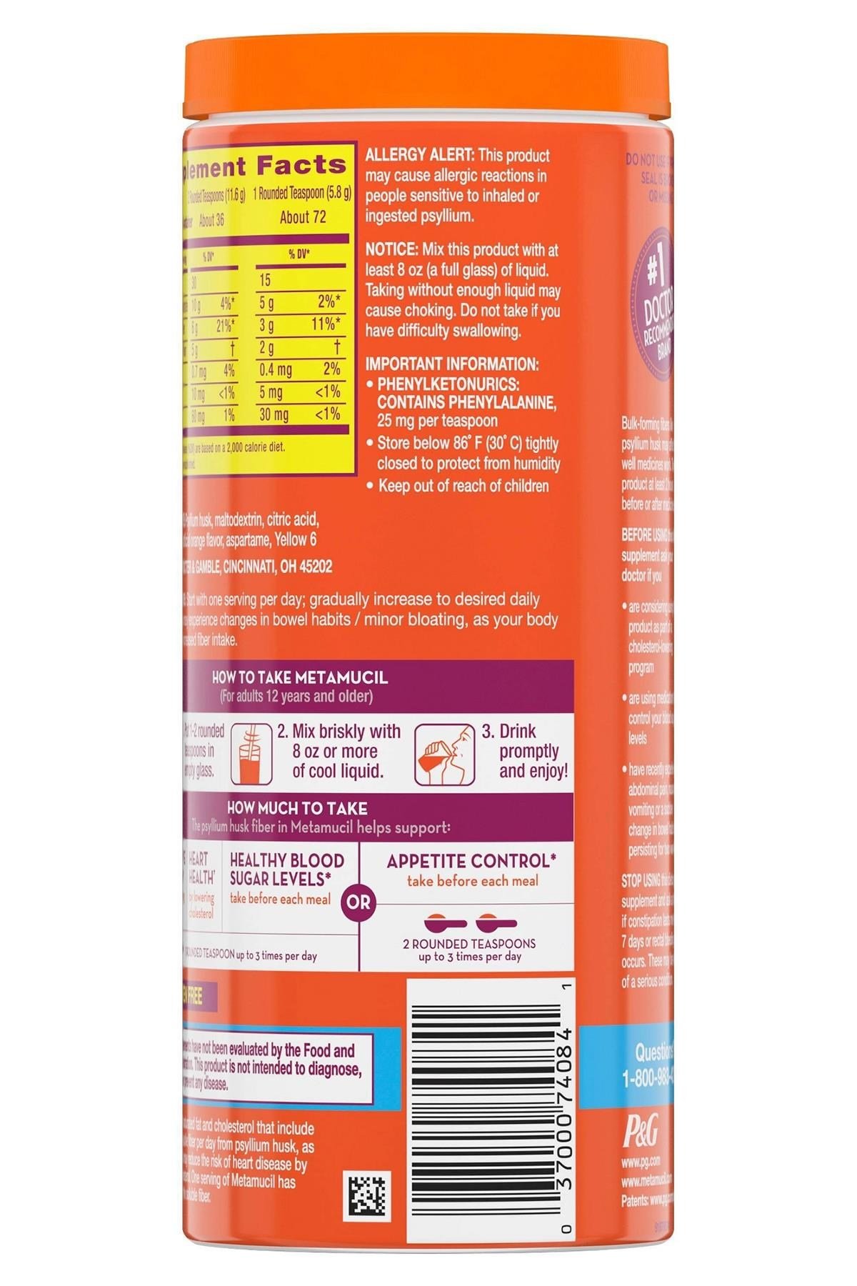 Metamucil Orange Multihealth Fiber Powder Sugar Free 425GR