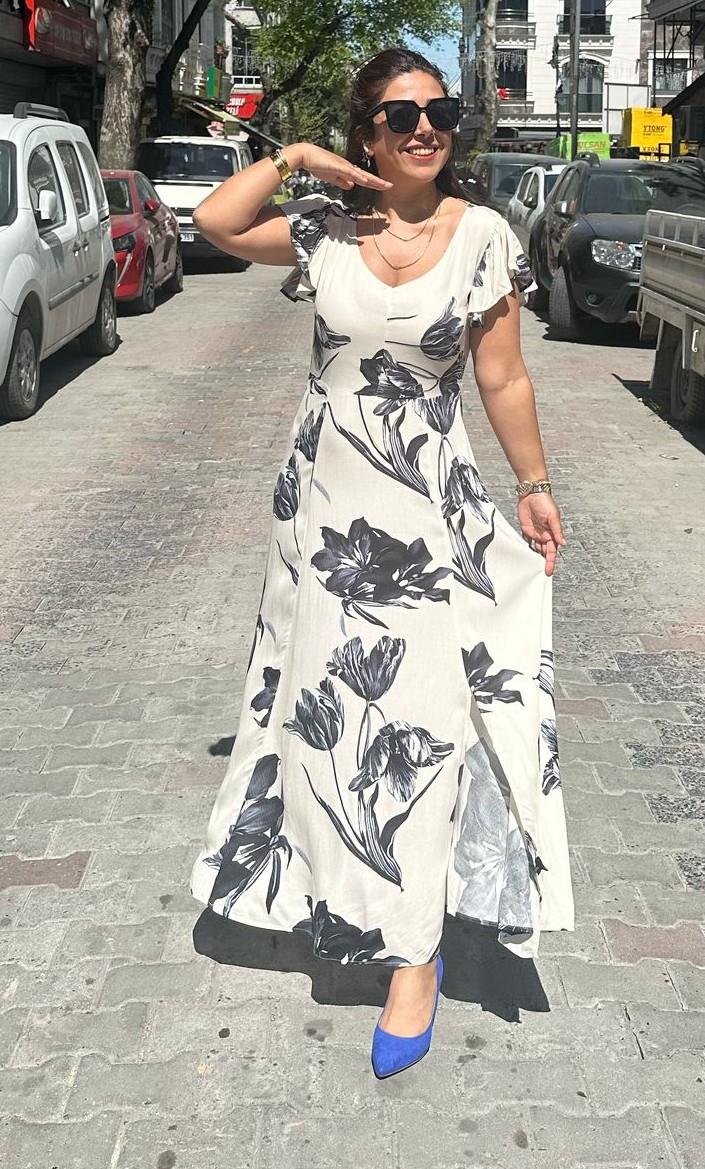 Açelya Gri Çiçekli Elbise