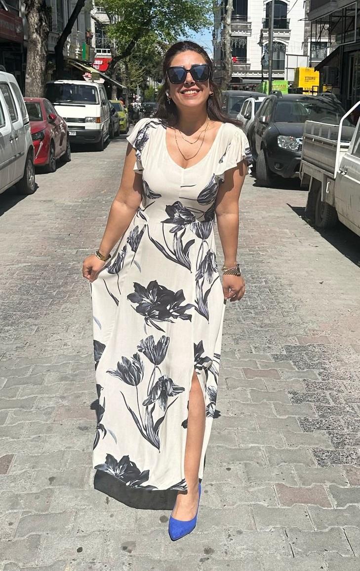 Açelya Gri Çiçekli Elbise