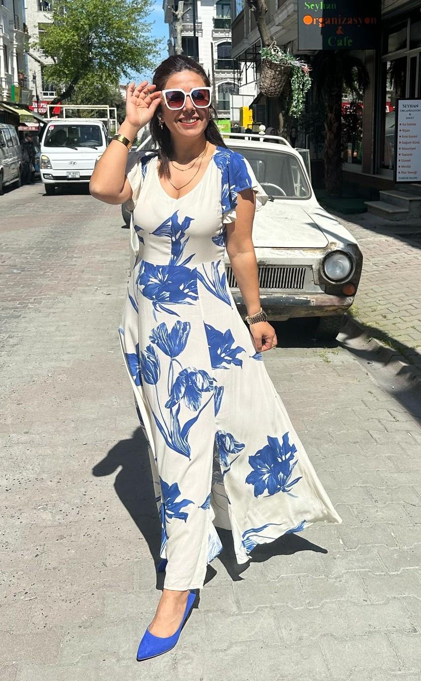 Açelya Mavi Çiçekli Elbise