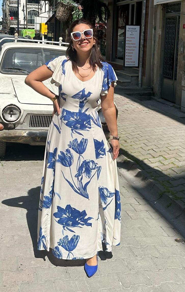 Açelya Mavi Çiçekli Elbise
