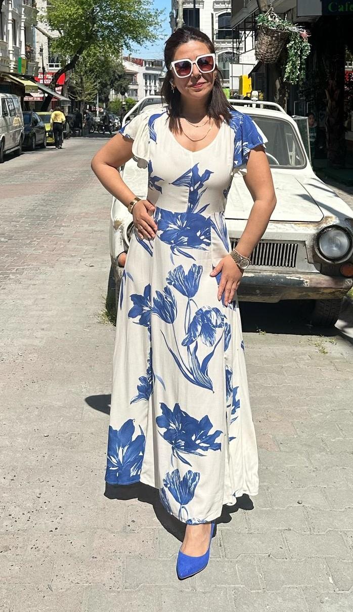 Açelya Mavi Çiçekli Elbise