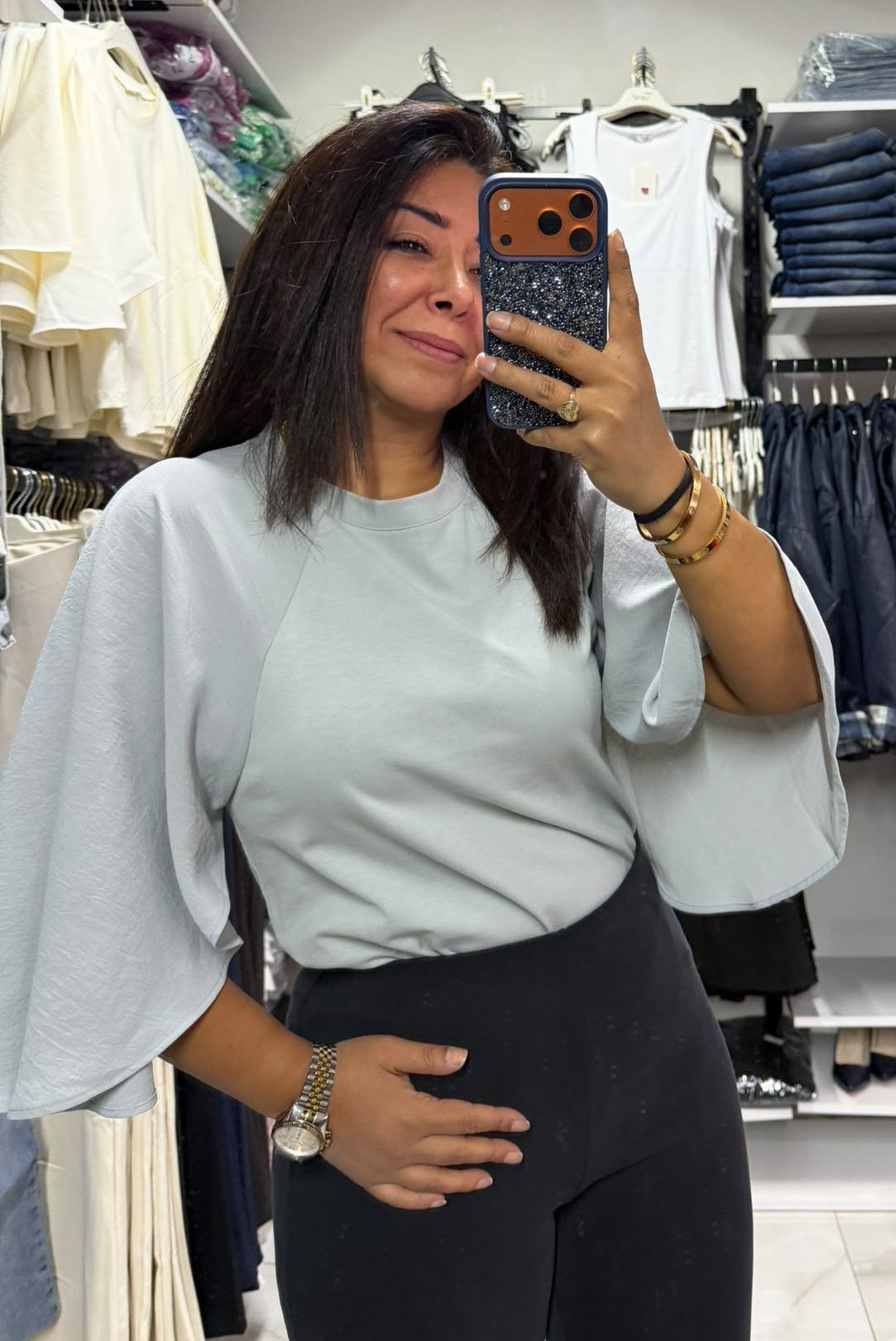 Açık Gri Rengi Şifon Yarasa Kol Bluz