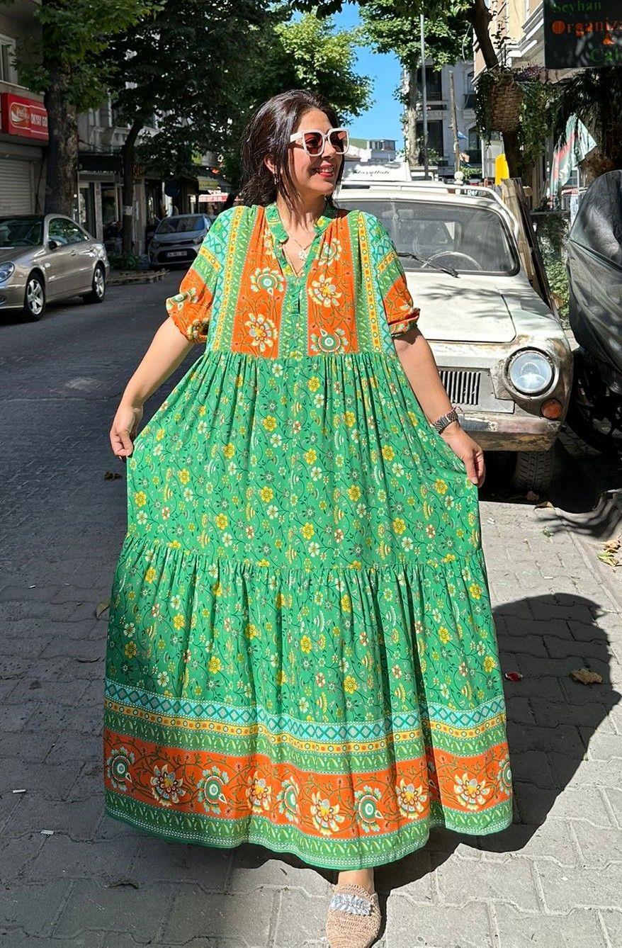 Bebe Yaka Yeşil Turuncu Elbise