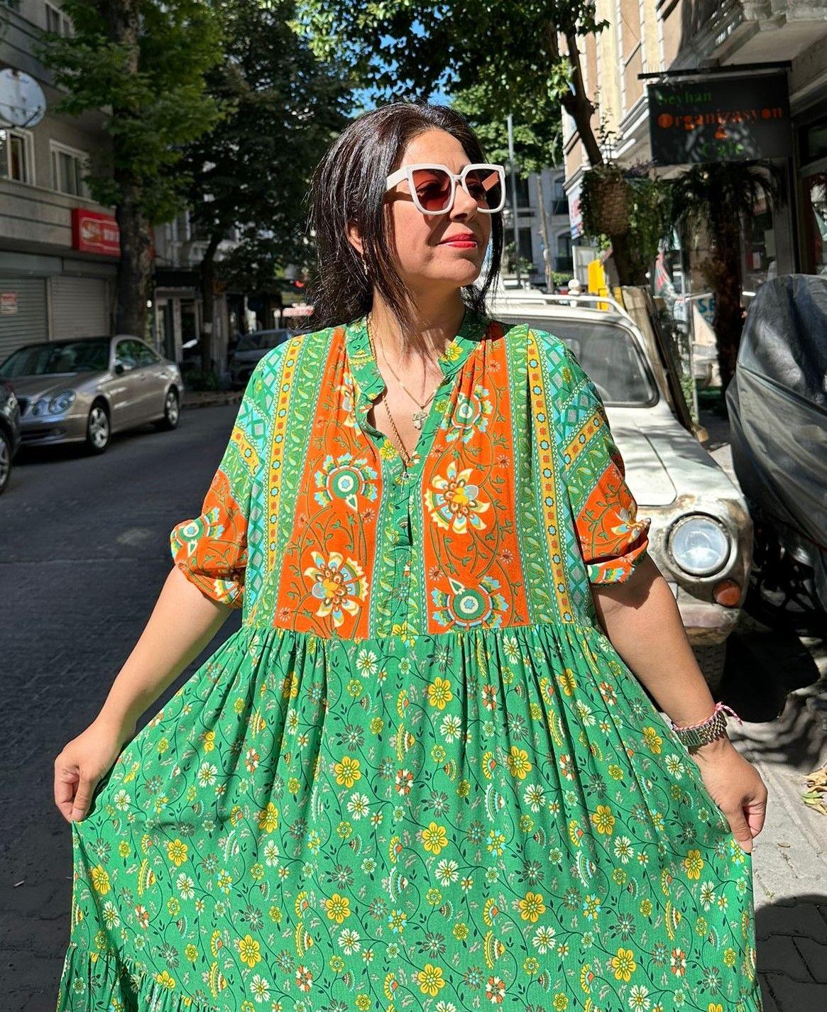 Bebe Yaka Yeşil Turuncu Elbise