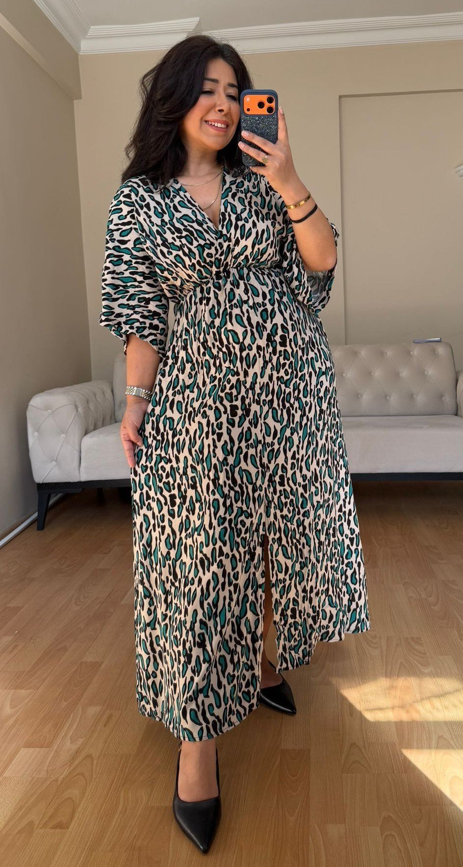 Bej Leopar Kruvaze Elbise