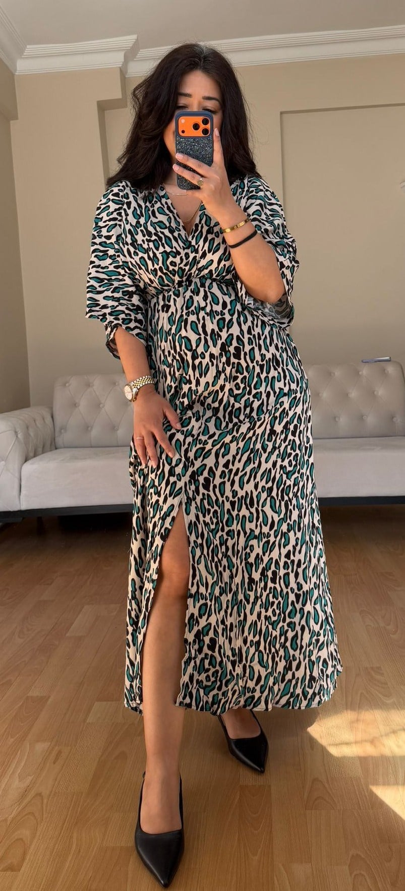 Bej Leopar Kruvaze Elbise