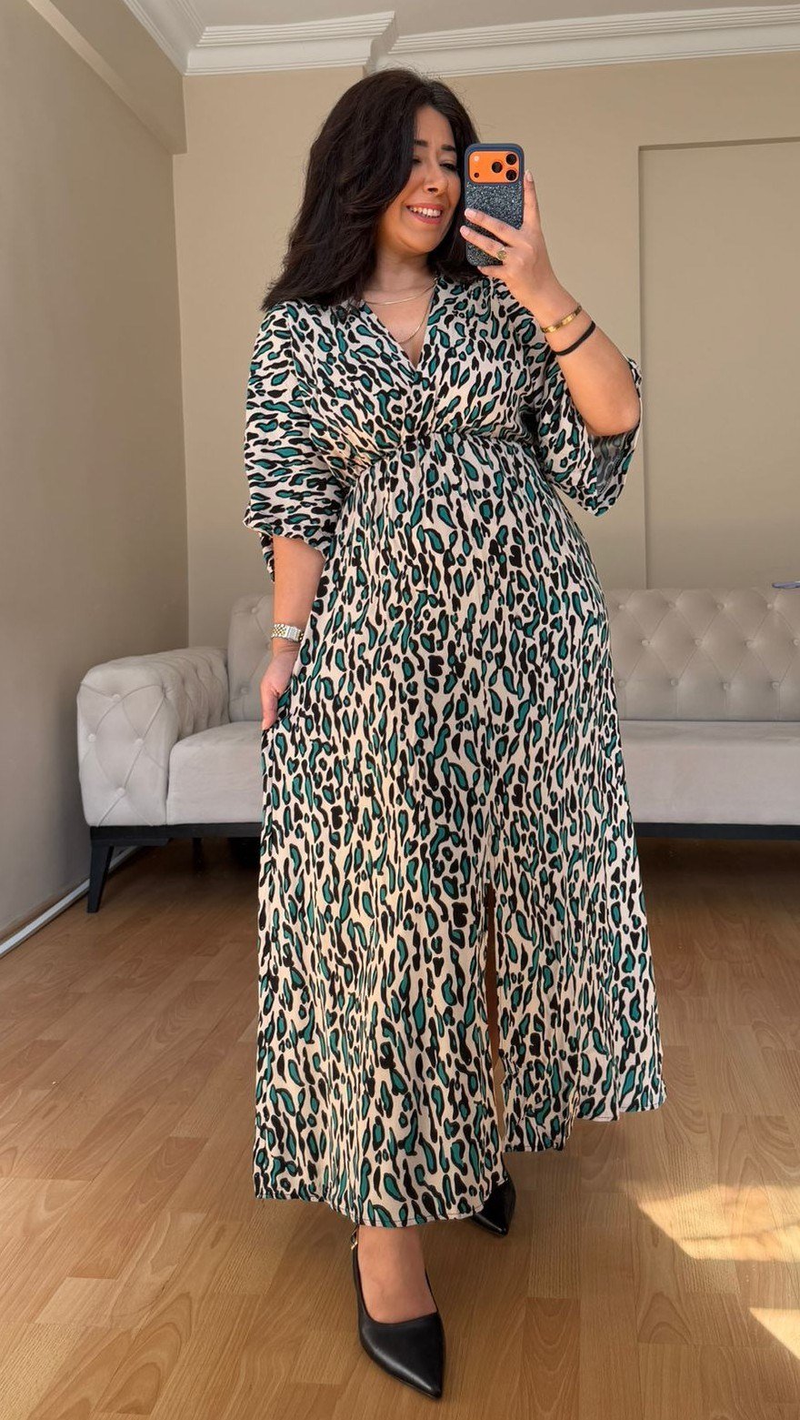 Bej Leopar Kruvaze Elbise